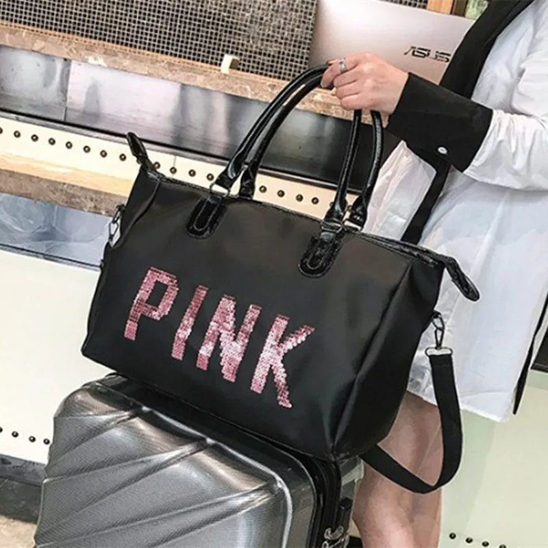 

Brand 2019 Fashion Ladies Travel Bag Shoulder Bag Portable Large capacity nylon waterproof Pink Women Handbag duffel Weekend bag