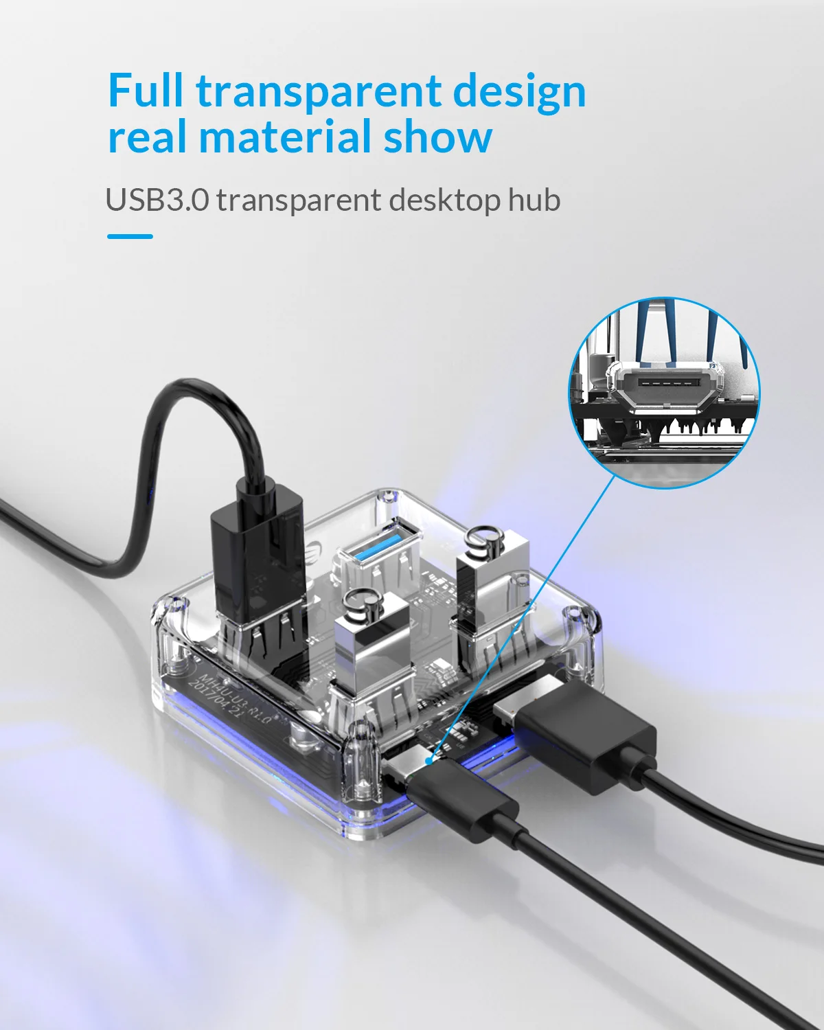 ORICO прозрачный usb-хаб 4 порта USB3.0 адаптер сплиттер поддержка внешний блок питания Micro USB для настольных ноутбуков Аксессуары