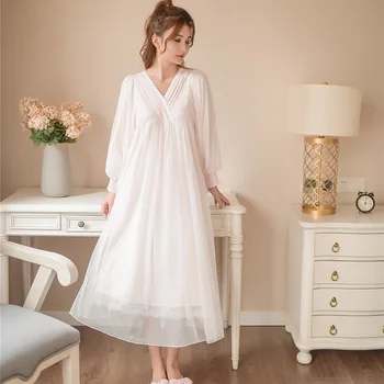 

Fashion Autumn Long Nightgowns For Women White Lace Long Puff Sleeve Vintage Princess Sleepwear Ladies Dress 6897