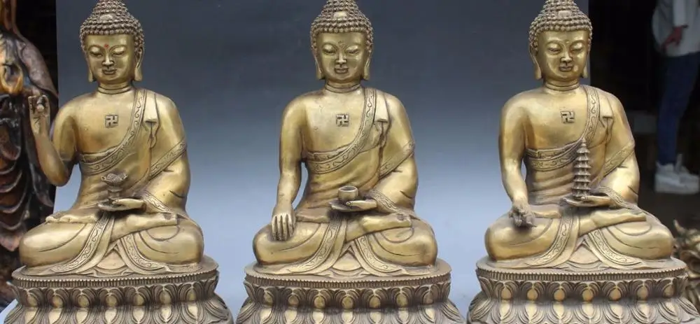 

9" Tibet Buddhism Bronze Seat Shakyamuni Sakyamuni Hold Pagoda Lotus Pot Statue