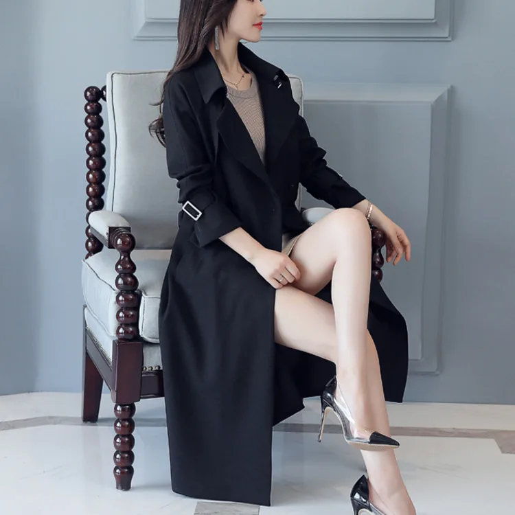 Elegant 2019 spring autumn Trench women Solid Color Lady X-Long Windbreak Double Breasted Slim Trench Coat With Belt long coat