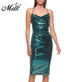 

Max Spri 2019 New Fashion Women Sexy Spaghetti Straps Sleeveless Sequins Strappy Ruched Party Club Sparkling Midi Dress