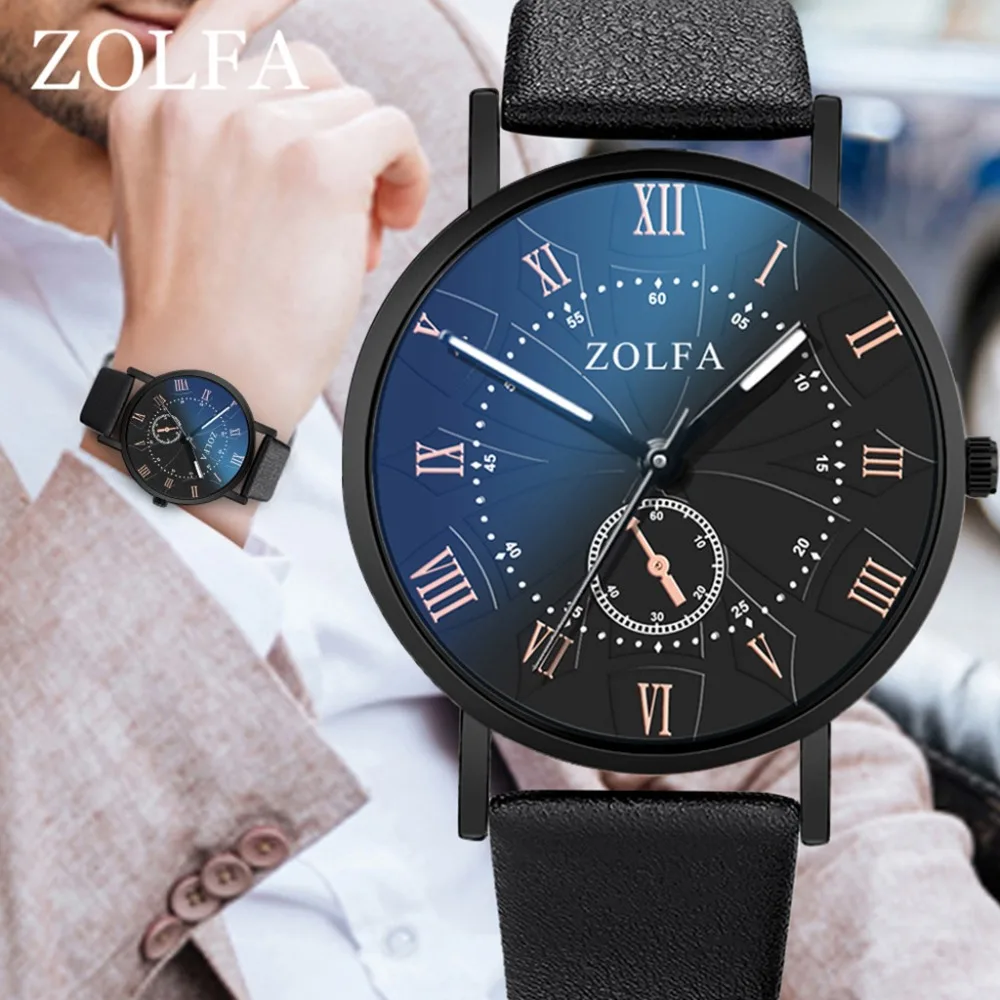 

Luxury Men Watch Fashion Dial Male Quartz Wristwatch Business Clock Solid Color Blue Glass Leather Strap Meeting Montre Homme@50