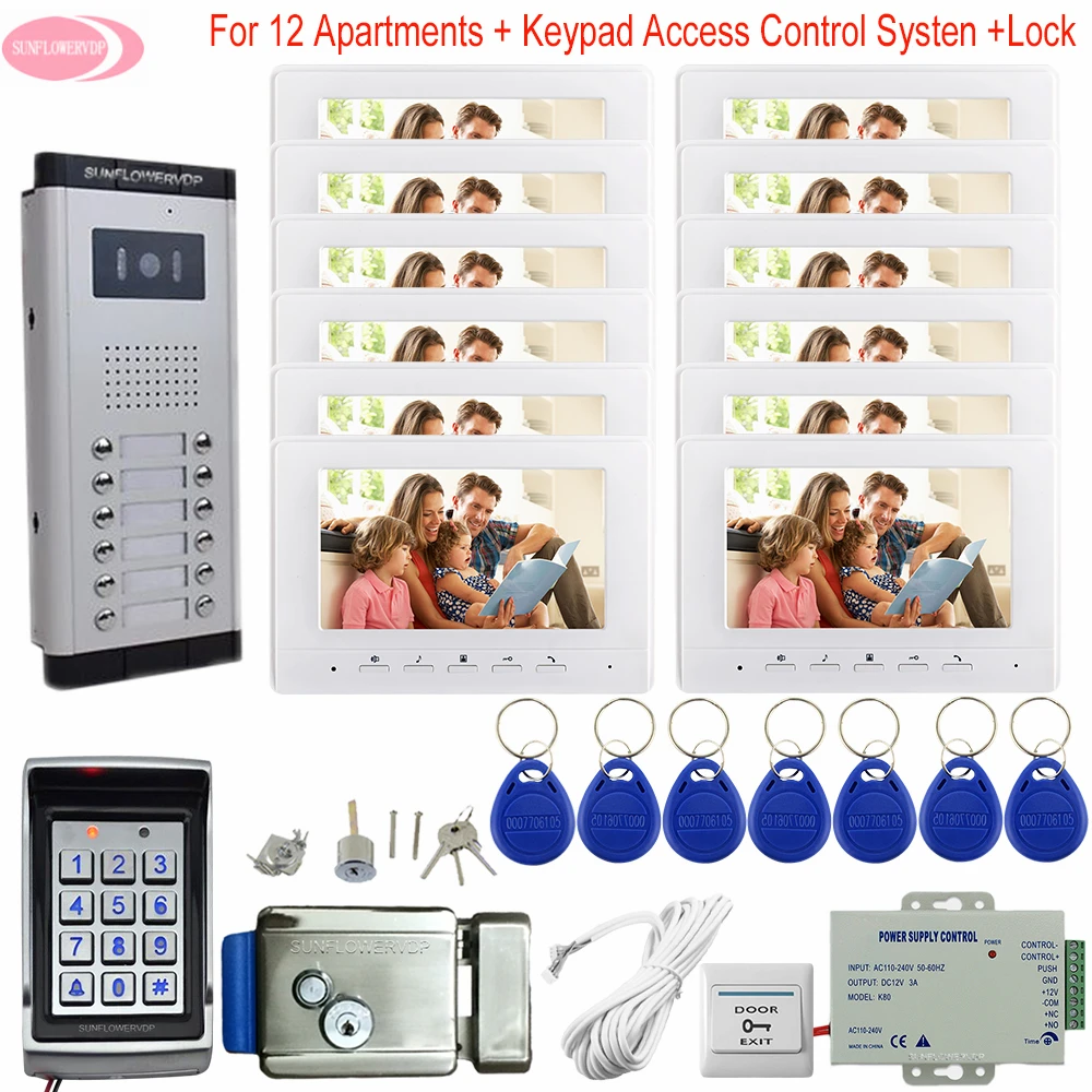 For 12 Apartments 7inchs Video Door Entry System For Home Keypad Access Control Video Door Bell System Unit With Electric Lock For 12 Apartments 7inchs Video Door Entry System For Home Keypad Access Control Video Door Bell System Unit With Electric Lock