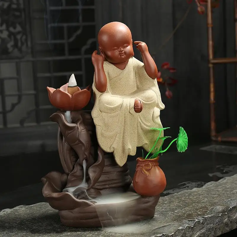 

Zen Backflow Incense Burner Home Decor Buddhist Meditative Little Monk Ceramic Cone Smoke Waterfall Incense Holder Buddha Censer