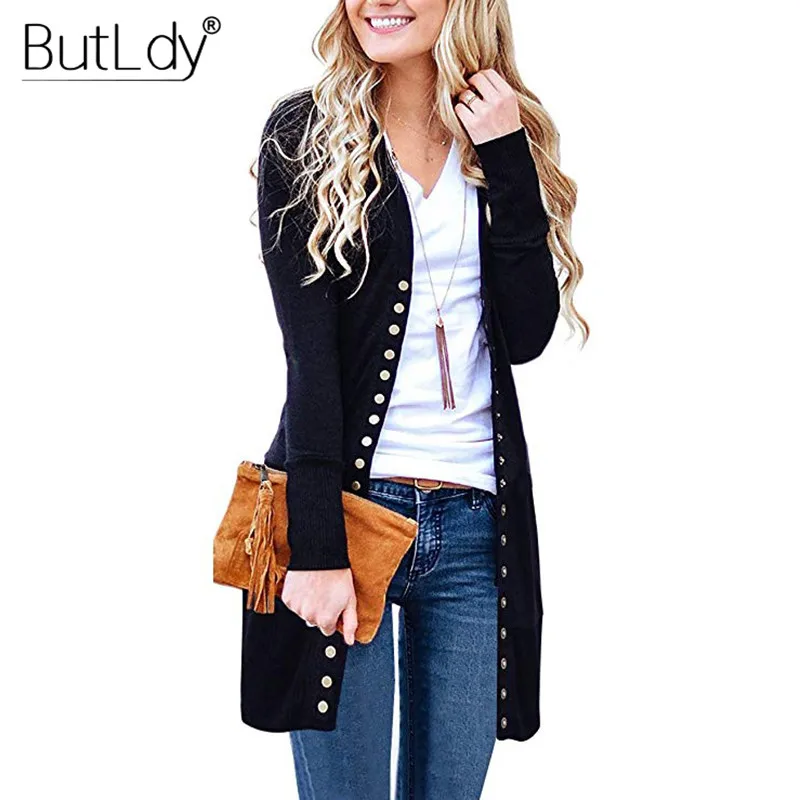 Long Sweater Women Buttons Knitted Cardigan Long Sleeve Ribbed Neckline Knitwear Coat Winter 2018 Fashion Jumpers Ladies