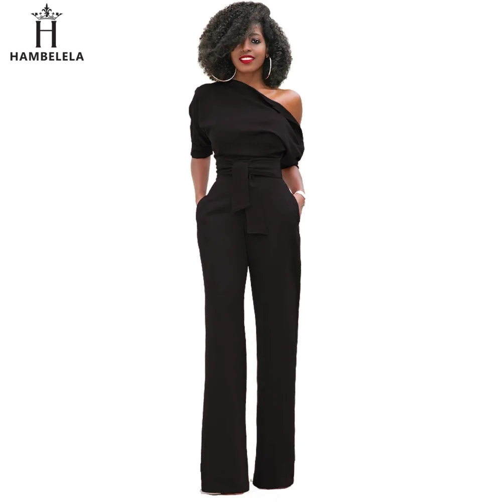 Hambelela 2017 High Quality Autumn Casual Jumpsuit One Shoulder Slash Neck Button Full Length Jumpsuit Short Sleeve Wide Legs Jumpsuit (5)