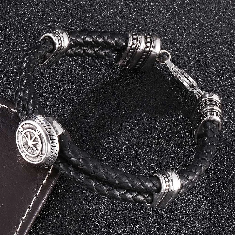 

Men Leather Braided Bracelet Bangles Personality Compass Stainless Steel Lobster Clasp Bracelet Male Wrist Band Fashion Jewelry