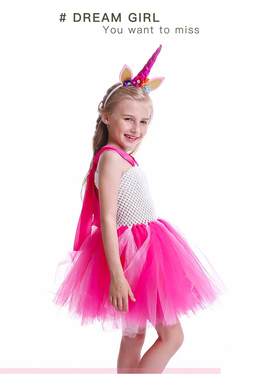 Handmade Horse Pattern Girls Tutu Dress for Halloween Dress Up Party Kids Rainbow Flower Dress with Unicorn Headband 2-12Y (5)