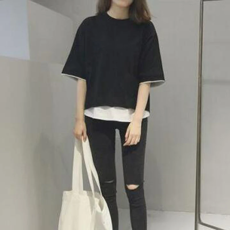 

Fake Two Pieces Women Tshirt New Fashion Patchwork Color Short Sleeve O Neck Women Tops BF Style Loose T-shirt Women