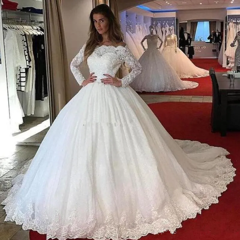 2019 Ball Gown Wedding Dresses Lace Long Sleeves Boat Neck