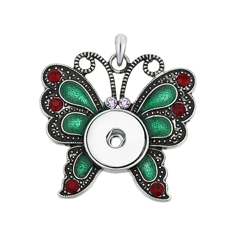 

6pcs/lot Wholesale Green enamel Snap Jewelry 18mm Butterfly Snap Pendant Necklaces for women fit 18-20mm Snap Button ASD02888