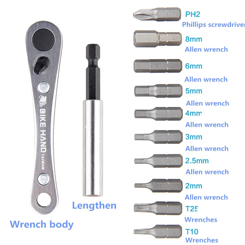 

10 in 1 mini bicycle repair kit PH2 Phillips screwdriver Hexagon wrench 2/2.5/3/4/5/6/6/8mm Torx wrench T10/T25 road bike MTB