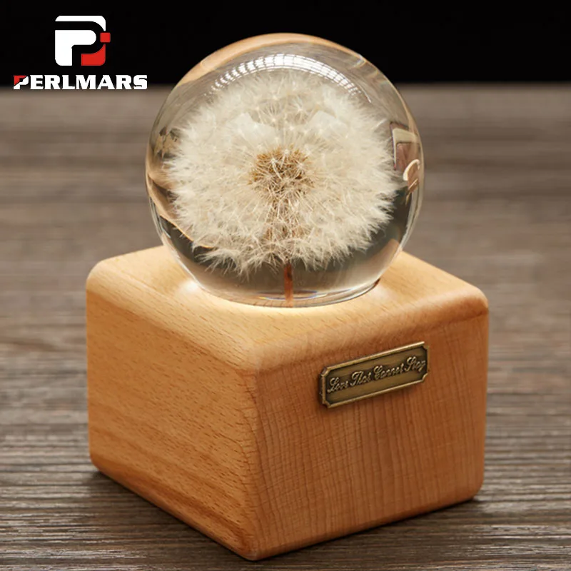 Kopen Creative Dandelion Muziekdoos Glas Crystal Ball Wedding Verjaardagscadeau Kerst Desktop Ornamenten Home Decoratie Houten Ambachten