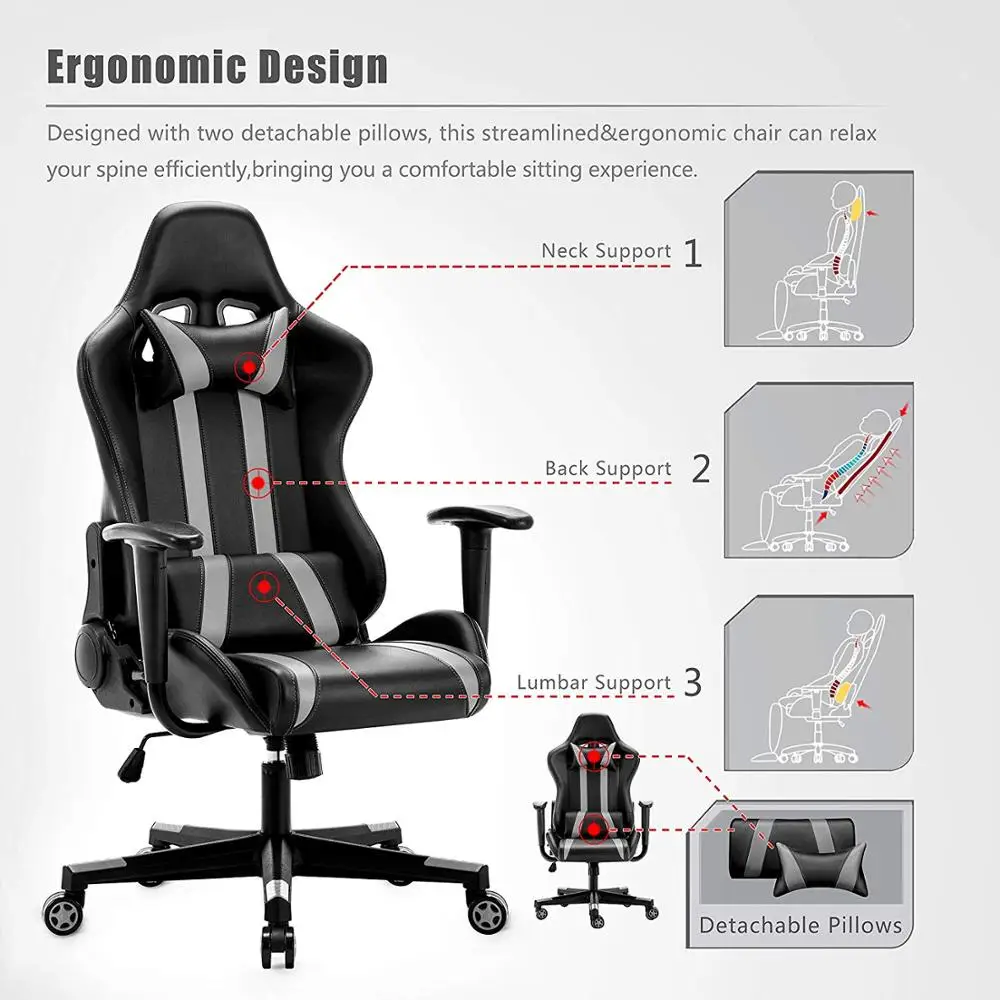 IntimaTe WM Racing Chair Computer Armchair PU Gaming Chair with Headrest & Lumbar Cushion 135 Degree Reclining Angle A35