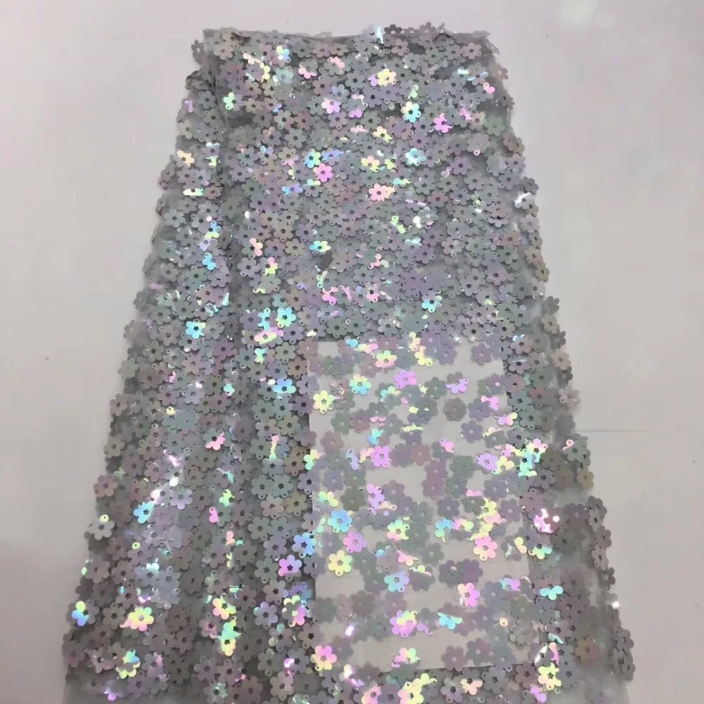 

African Net Sequins Laces 5yard Latest Nigerian Laces 2019 silver Sequin Fabric For Sewing Dress Tulle Lace Fabric(FJ194
