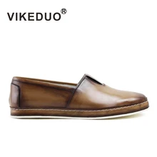 VIKEDUO 2019 Hot Casual Men's Loafers Shoes Handmade Patina Brown Leather Shoes Mans Footwear Slip-On Casual Flat Zapato Hombre veowalk striped women casual cotton cloth loafers handmade slip on ladies thick hemp soled canvas flat shoes zapato mujer