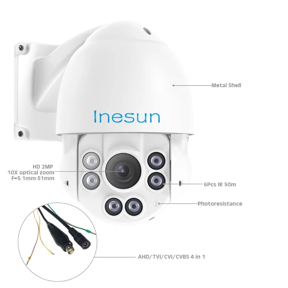 Inesun 2MP 1080 p PoE IP PTZ высокое Скорость купол безопасности Камера 4-в-1 HD TVI/AHD/CVI/CVBS 10X Оптический зум Открытый 165ft ИК Ночное видение