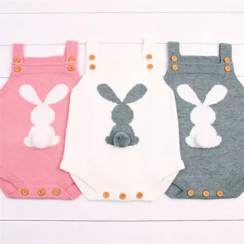 Cute Newborn Baby Boy Girls Bunny Knitting Wool Pom Pom Romper Jumpsuit Easter Outfits Set Sleeveless baby boy girls clothes 1