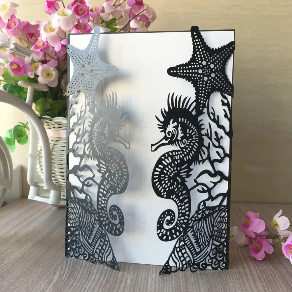 

20pcs/lot Hollow Laser Cut Colour Sea Horse Tropic Wedding Invitation Card Beach Festival Theme Gift Cards Supplices