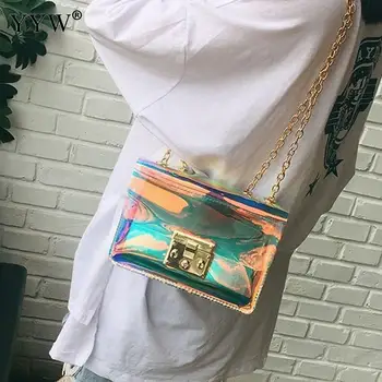 

YYW Women European Fashion PVC Laser Shoulder Crossbody Bag Transparent Square Shape Shoulder Bags Designer Bolsas Cooler Bag