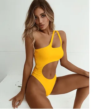 

2021 New Lady Monokini Solid Color Swimwear Single Shoulder One Piece Swimsuit Female Bather Sexy Asymmetrical Bathing Suit Swim