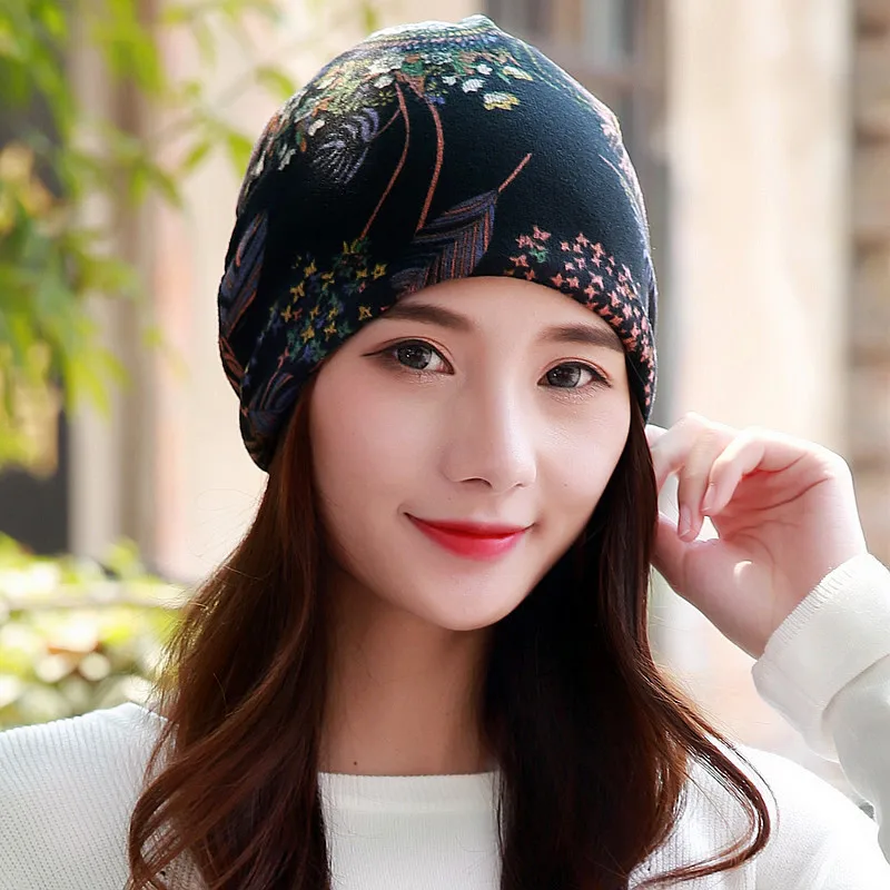 Long Keeper Hot! Women Hat Polyester Adult Casual Floral Women Hats Spring Autumn Female Cap Scarf 5 Colors Fashion Beanies