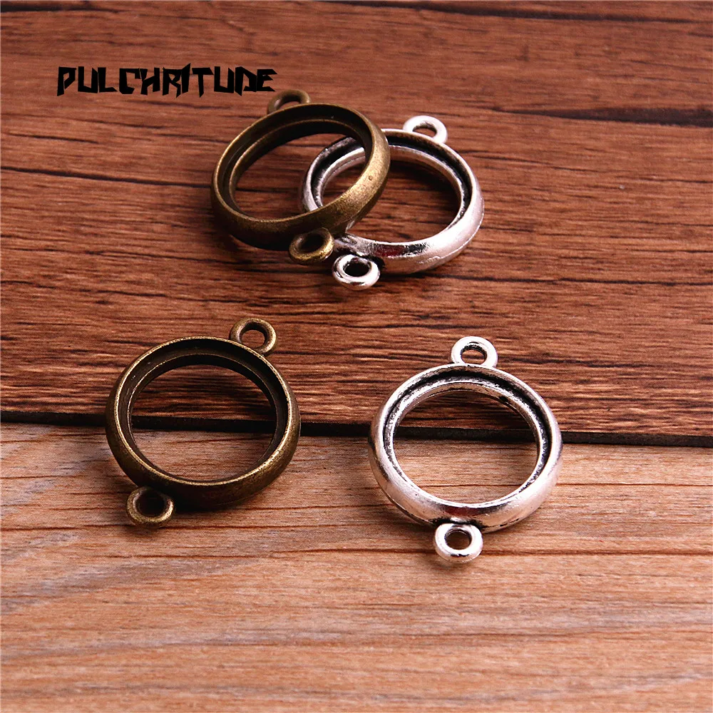 

PULCHRITUDE 8pcs/lot 20mm Two Color Alloy Round double-faced hollow Cabochon Settings Pendant Jewelry Blanks Connector T6431