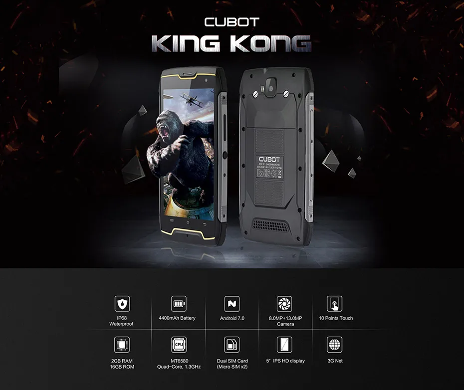 Cubot Kingkong IP68 водонепроницаемый ударопрочный мобильный телефон 4400 мАч MT6580 четырехъядерный Android 7,0 2 Гб ram 16 Гб rom смартфон