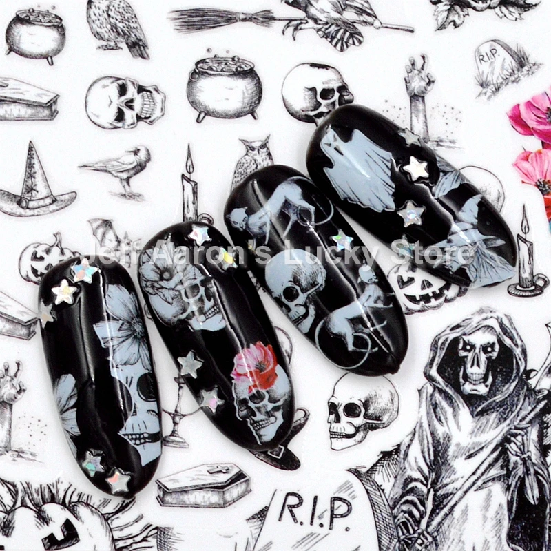 

New arrival 1 Sheet Halloween Nail Sticker Skull Decals For Nail Art Decorations Fake Nails Accessoires Manicure Supplies Tool