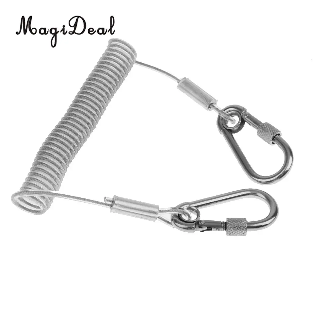 MagiDeal Durable Stainless Steel 1.6m Retractable Wire Coiled Lanyard Safety Rope With Lock Carabiners Rowing Boat Part Supplies