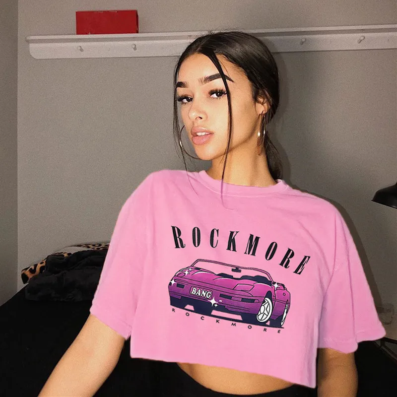 

2019 Summer Street Fashion Car Letter Print Girls Pink T Shirt Women Loose Casual Short Tops Navel Bare Cropped Cotton Outfits