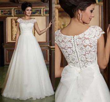 

Elegant White A Line Wedding Dresses Appliques Back Big Lace Bow Bridal Gowns Vestido De Novia Tulle Short Sleeve Wedding Dress