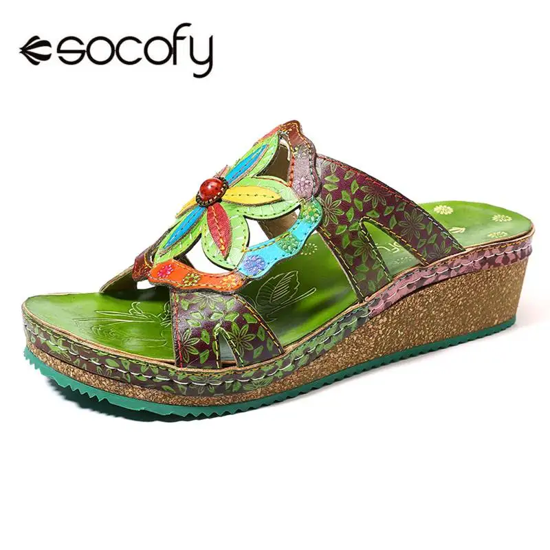

SOCOFY Vintage Genuine Shoes Leather Splicing Hand painted Floral Stitching Comfortable Daily Sandals Comfortable Summer Shoes