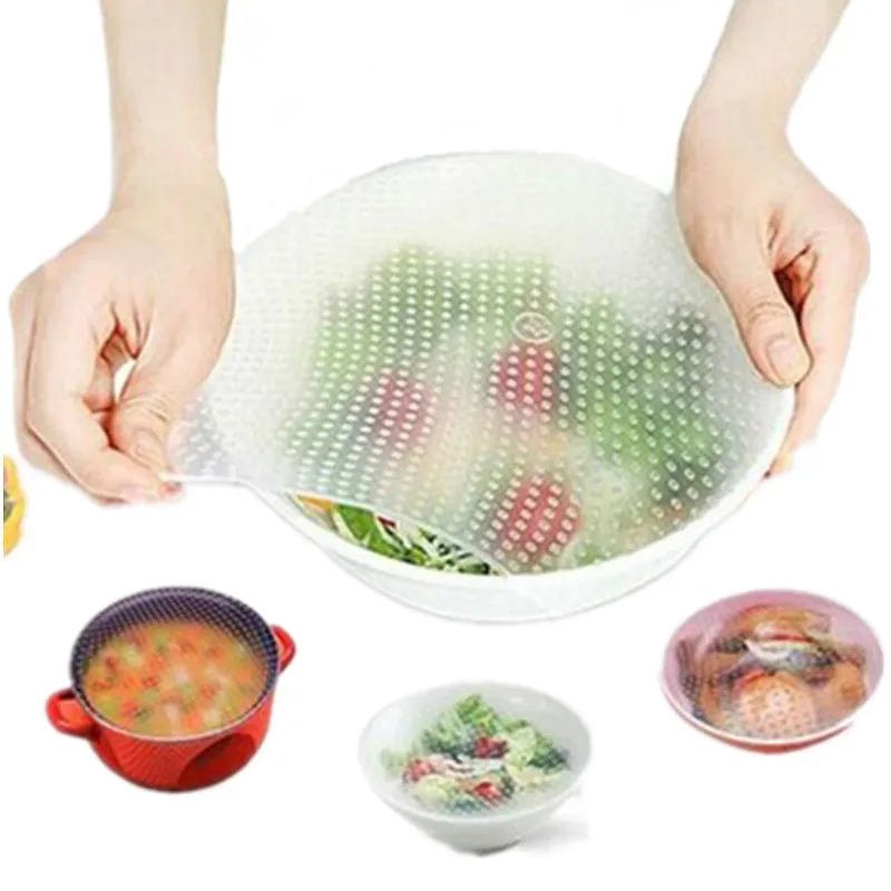 LIRUIKA 4pcs Reusable Silicone Wraps Seal Cover Stretch Cling Film Food Fresh Keeping Lid Bowl Cup Pad Kitchen Tools | Дом и сад