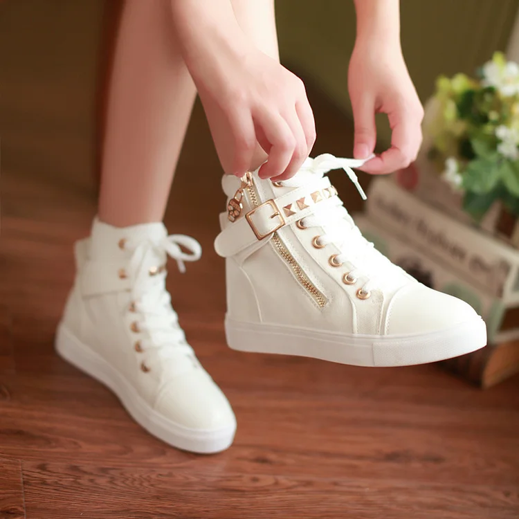 

Hot Sell High Cut Canvas Shoes Women Fashion Casual Spring Autumn Flats Side Zipper Rivet Shoes Zapatillas Mujer
