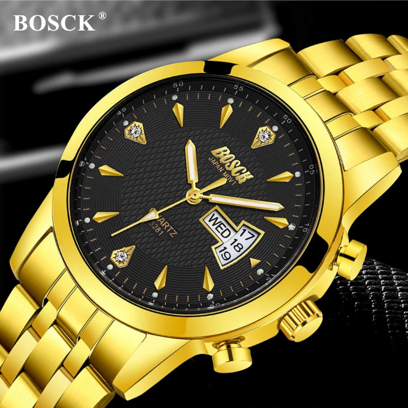 

BOSCK Luxury Men Gold Watches Women High Quality Watch Men's Quartz Double Date Clock Male Week Display Wristwatch lovers' watch
