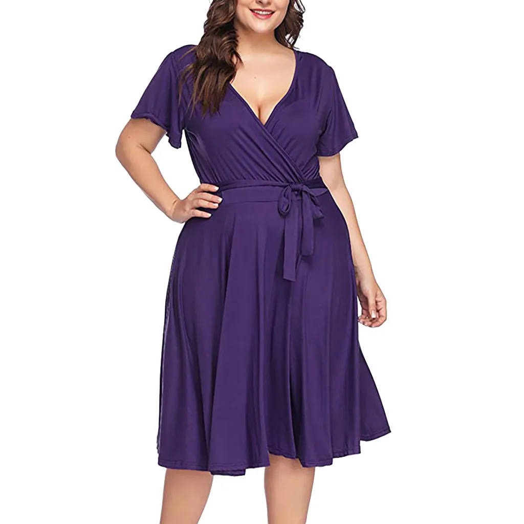 Женская одежда размера плюс, летняя повседневная одежда с коротким рукавом, v-образный вырез, галстук-бабочка, однотонные вечерние платья для пляжа, vestidos - Цвет: Фиолетовый