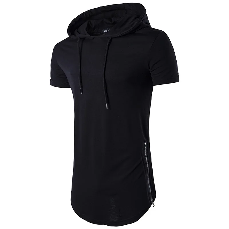 

2019 New Men's Hipster Hip Hop Tshirt Short Sleeve Longline Pullover Hoodies Shirts Side zipper Hooded T-shirt Streetwear Tops