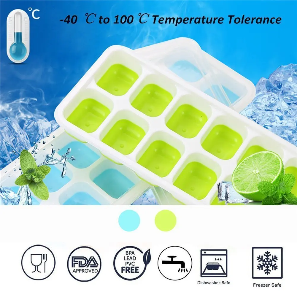 Ice Cube лотки 2 упак., EasyRelease силикона и гибкой 14Ice лотки с SpillResistant съемной крышкой, стекируемые Dura