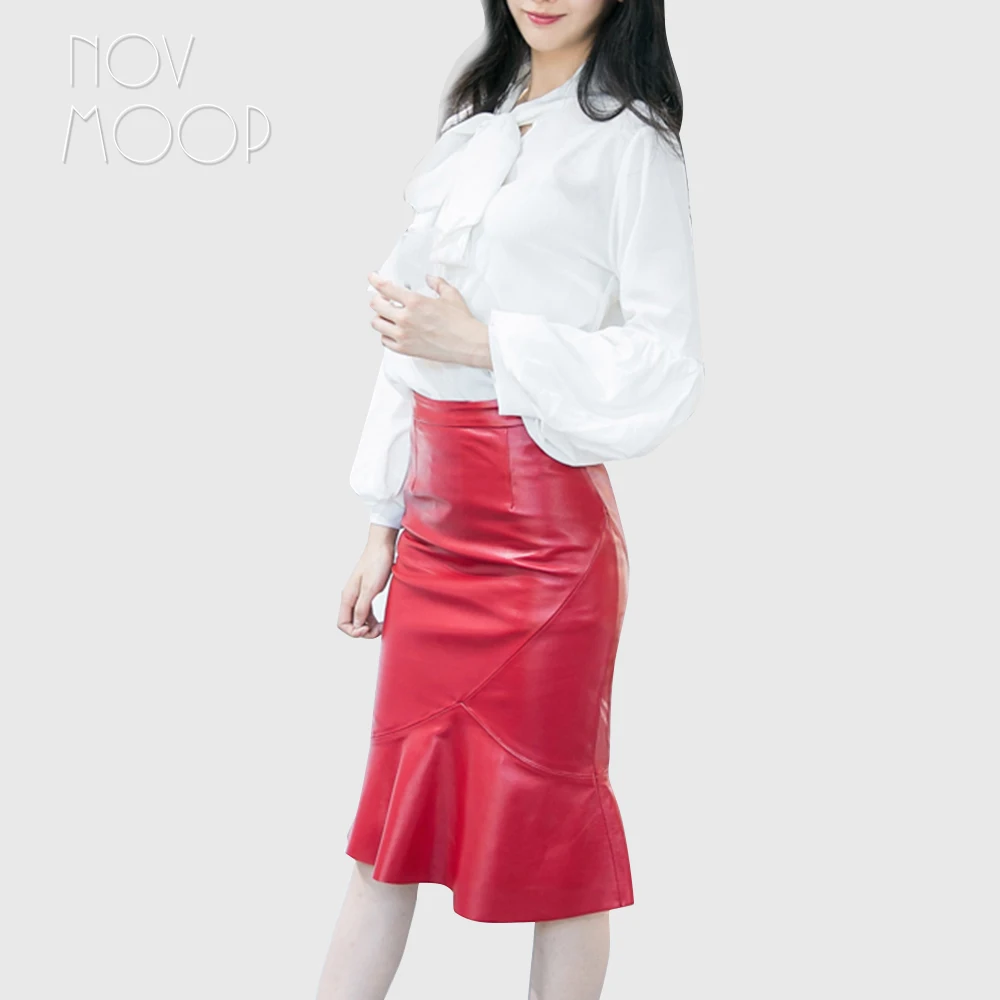 2018 Nieuwe rood zwart lederen real lamsvacht hoge taille mermaid rok ruches zoom faldas mujer etek jupe plus size LT2643 2018 Nieuwe rood zwart lederen real lamsvacht hoge taille mermaid rok ruches zoom faldas mujer etek jupe plus size LT2643