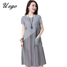 Uego 2021 New Fashion Patchwork Striped Women Summer Dress Thin Light Cotton Linen Pockets Loose Ladies Casual Dress Vestidos