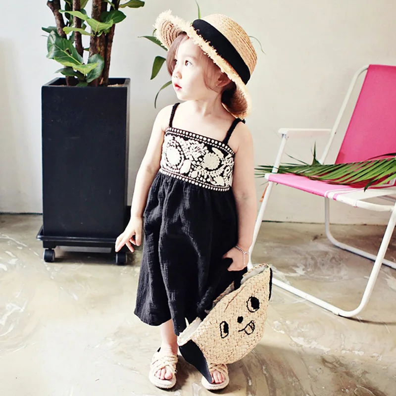 

2018 Summer Linen Cotton Girls Dress Sling princess dress Flowers Beach Dress Sleeveless Ankle-Length Princess Baby Dress D008