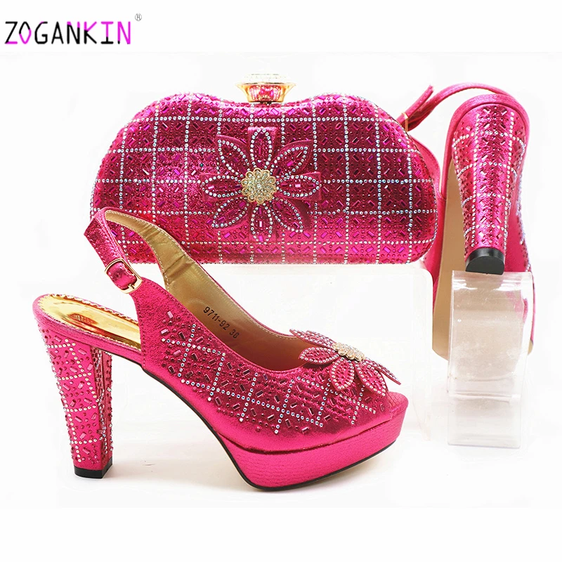 

2019 Special Style African Designer Shoes And Bag Set To Match Fuchsia Color Nigerian Party Shoes With Matching Bags Set