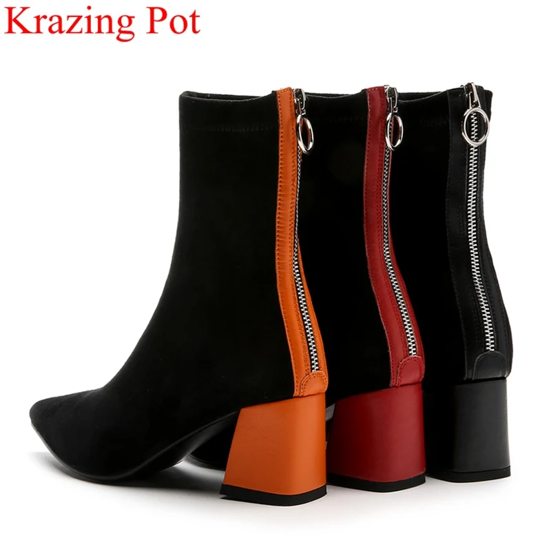 

2019 pointed toe keep warm zipper flock mid-calf boots high heels mixed colors office lady square heel elegant winter shoes L13