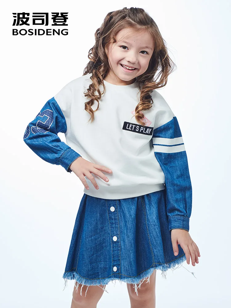 

BOSIDENG children's clothing girls denim skirt and long sleeve shirt suit two-piece 2019 new spring kids fashion set C813CD2025
