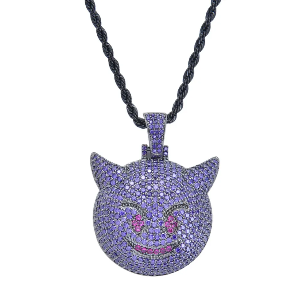

Brass AAA CZ Purple Evil Emoji Pendant With Stainless Steel 24inch Black Rope chain Hip hop Jewelry CN047