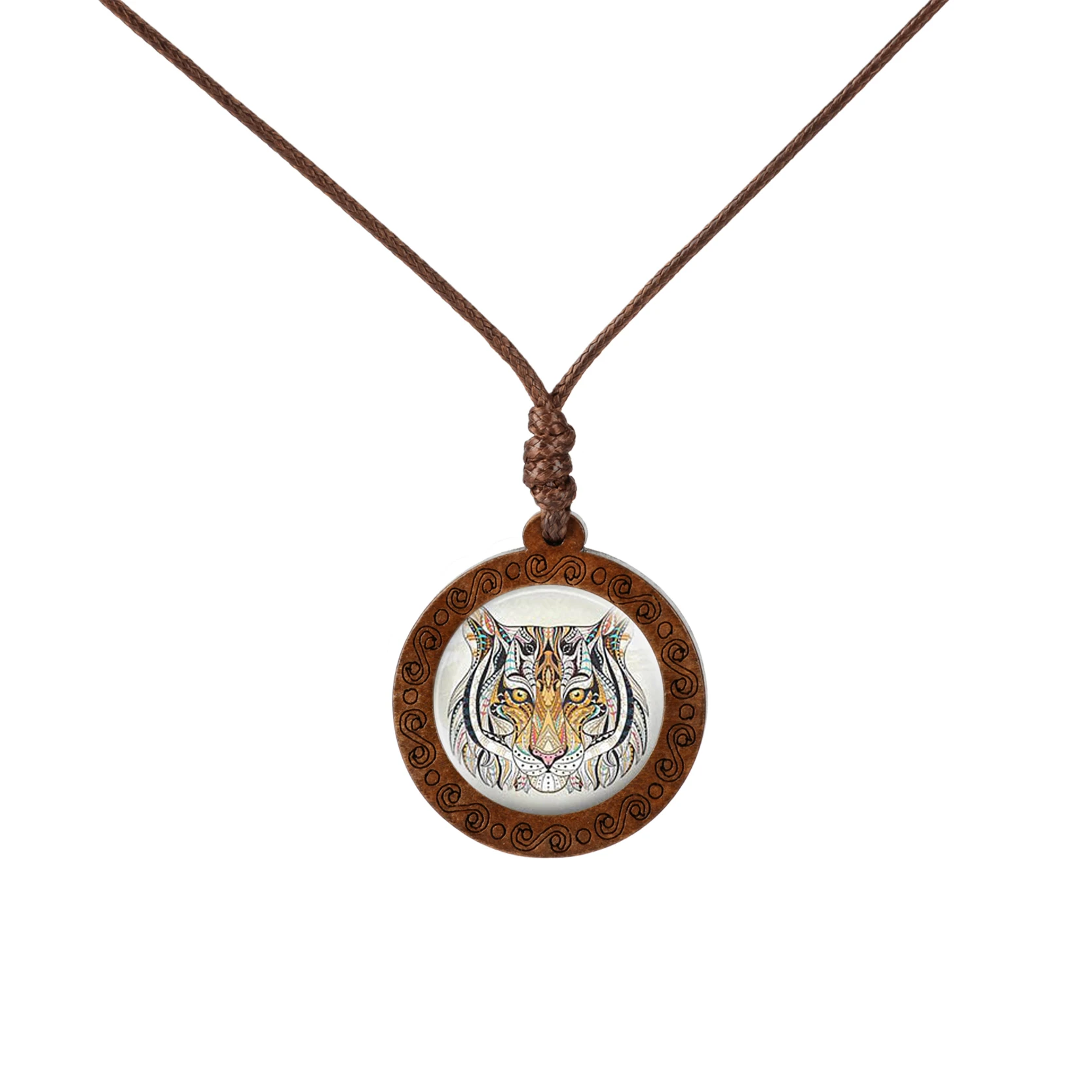 2019 New Wild Animal Wolf Tiger Koala Necklace Glass Cabochon Art Painting Wood Pendants Wax Rope Chain Jewelry for Girls Boy
