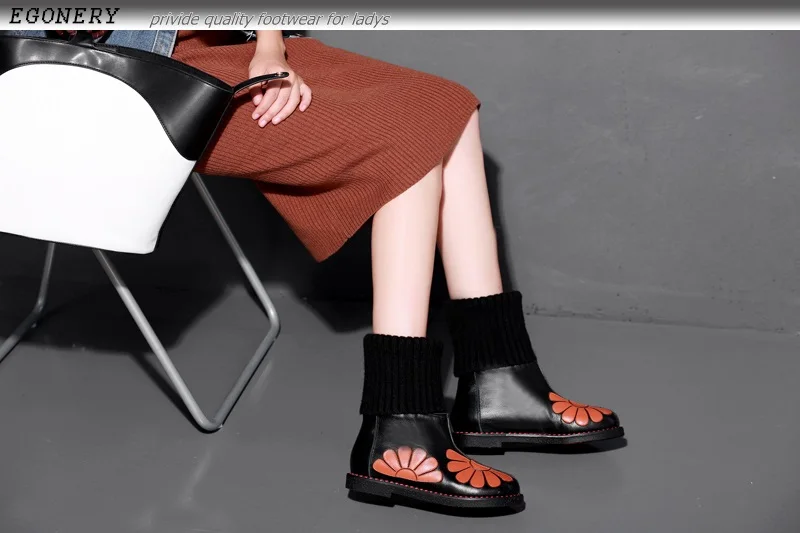 EGONERY/женские модные зимние ботинки г. Новое поступление, зимние женские брендовые ботинки до середины икры с круглым носком, на низком каблуке, из натуральной кожи, размеры 34-43
