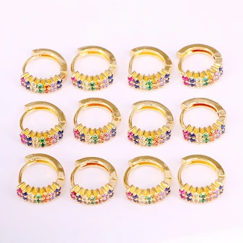 

6Pairs, Fashion Multi Micro Pave CZ Gold Color Circle shaped Earrings Rainbow Colorful CZ Bar Hoops For Women Girls